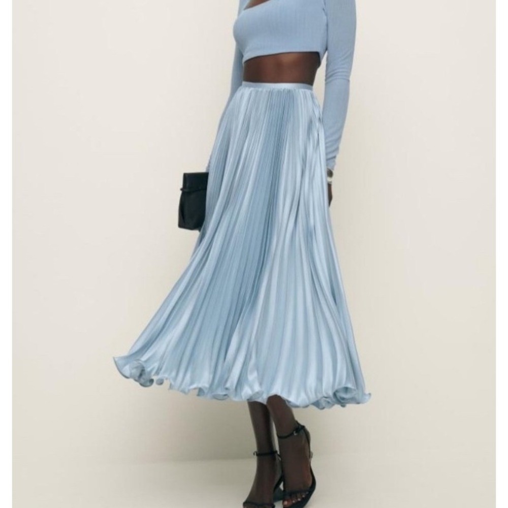 Reformation Bala Satin Skirt Mineral Blue Pleated Maxi Size 0 NEW